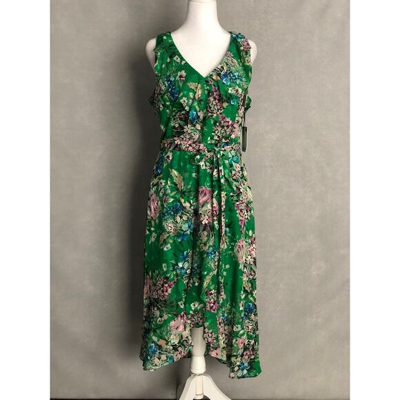 Kensie Women's Size 8 Floral Ruffle Neck Tie Waist Dress Green NEW - Picture 1 of 10